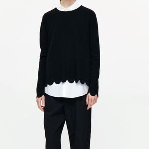 COS Black 100% Wool Scallop Edge Crew Neck Long Sleeve Sweater